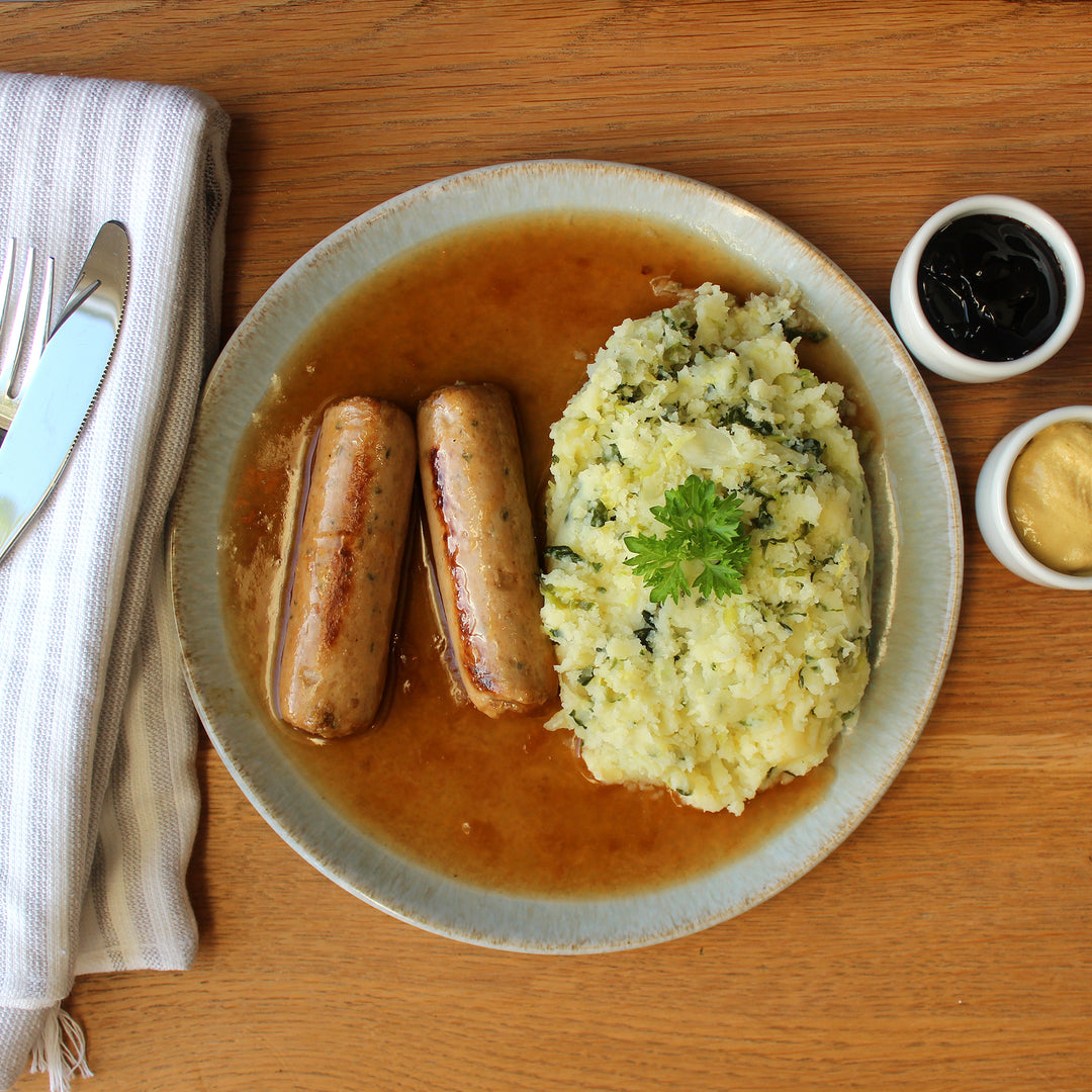 398 Vegetarian Sausages with Bubble and Squeak